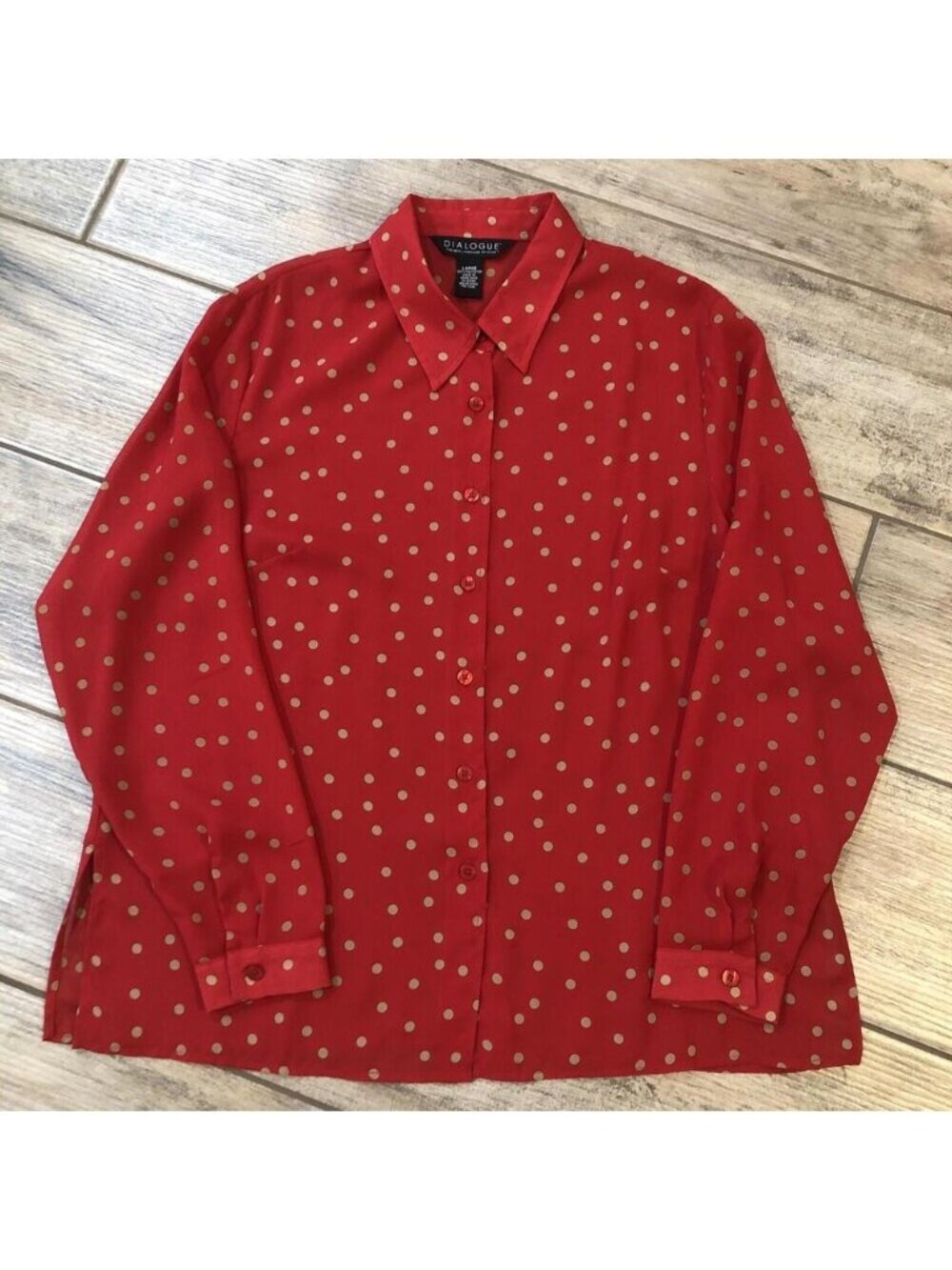 Dialogue Red Sheer Polka Dot Blouse Sz L‎